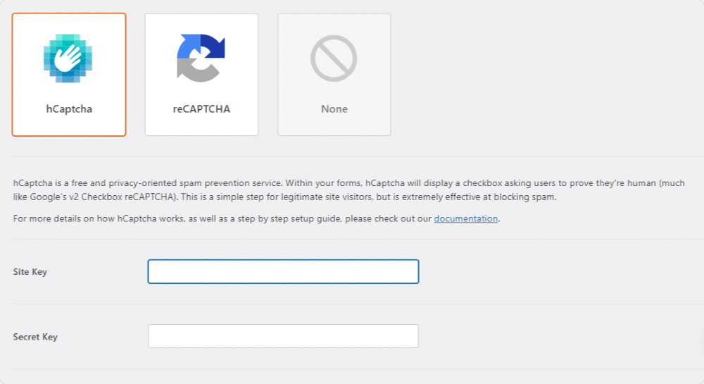 Site key and secret key option for hCaptcha type