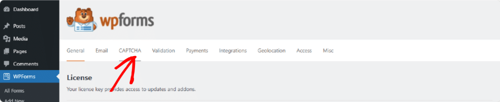 CAPTCHA tab of WPForms
