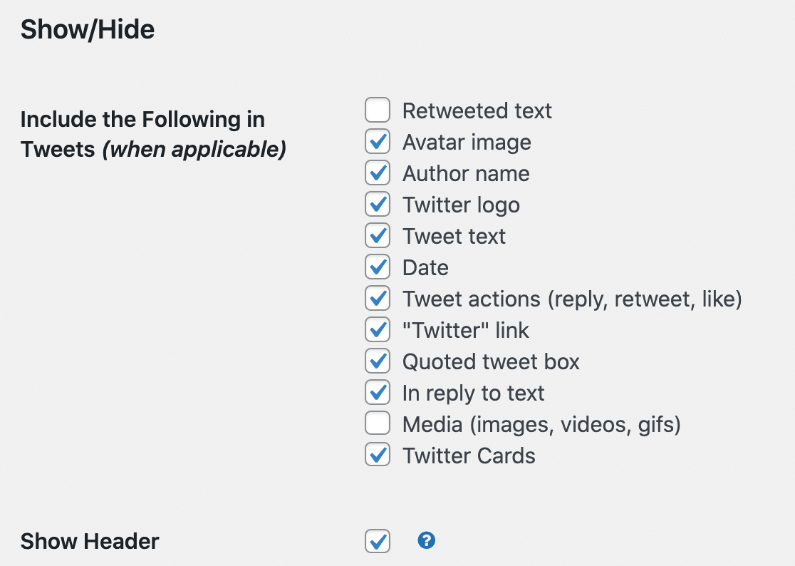 Show or hide parts of your custom Twitter feed