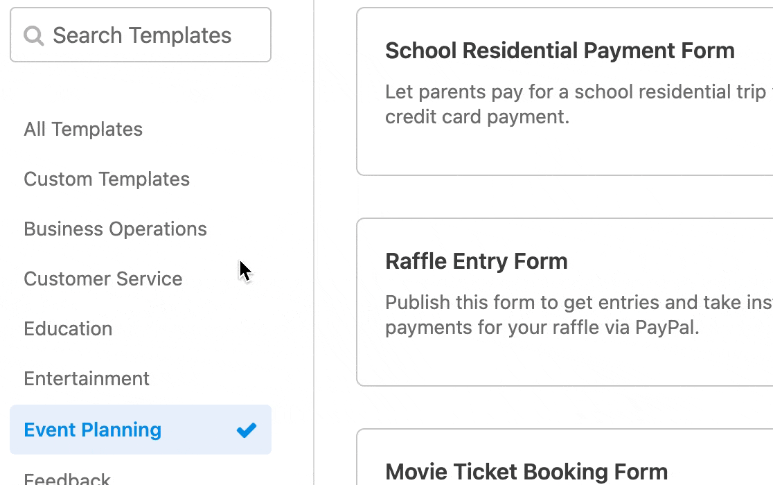 Browsing the form template categories