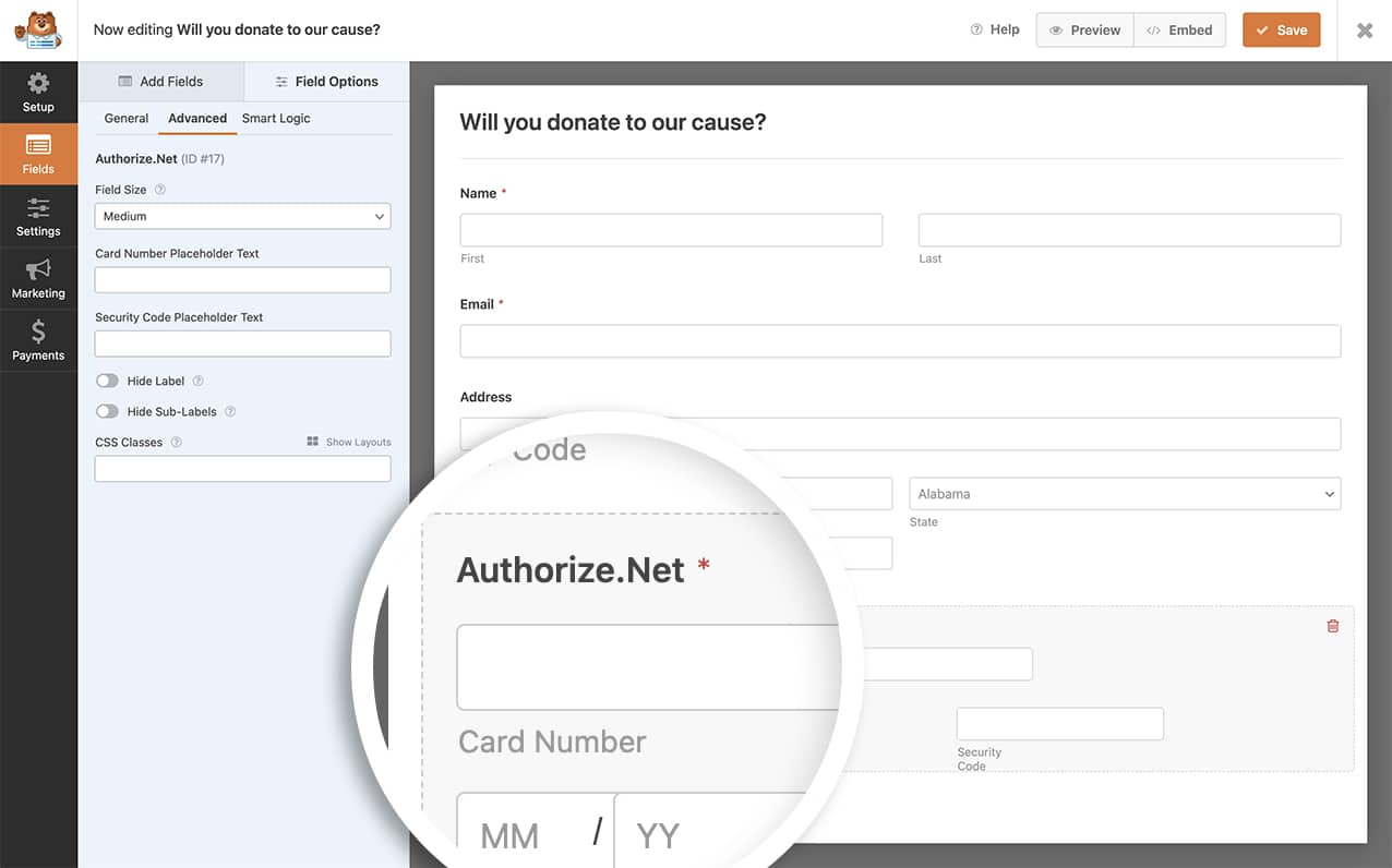 create a form and add the Authorize.net field
