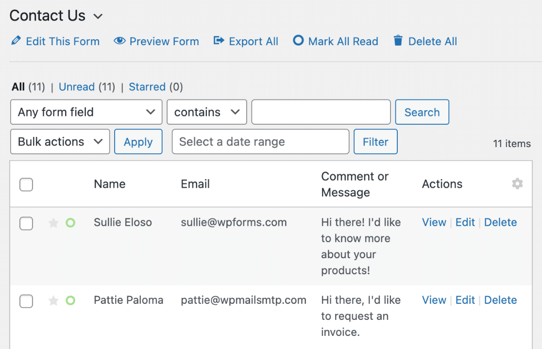 Form entries in WPForms