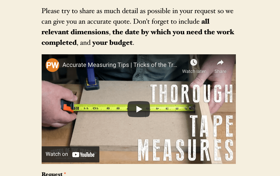 An example of a video embedded in a form using an HTML field