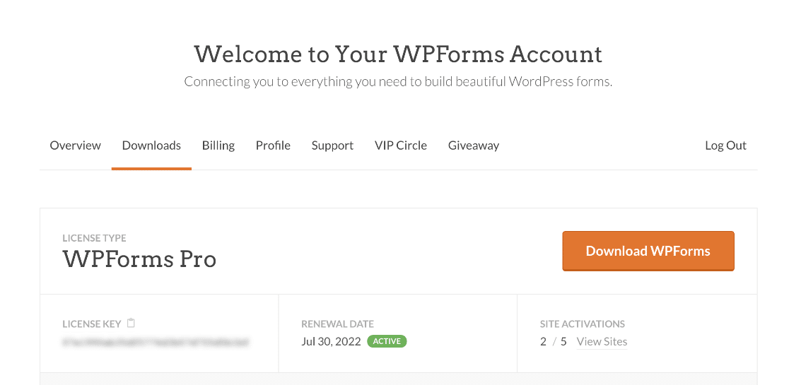 License details in the WPForms account Downloads tab