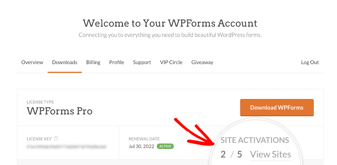 Checking the license site activations in the WPForms account Downloads tab