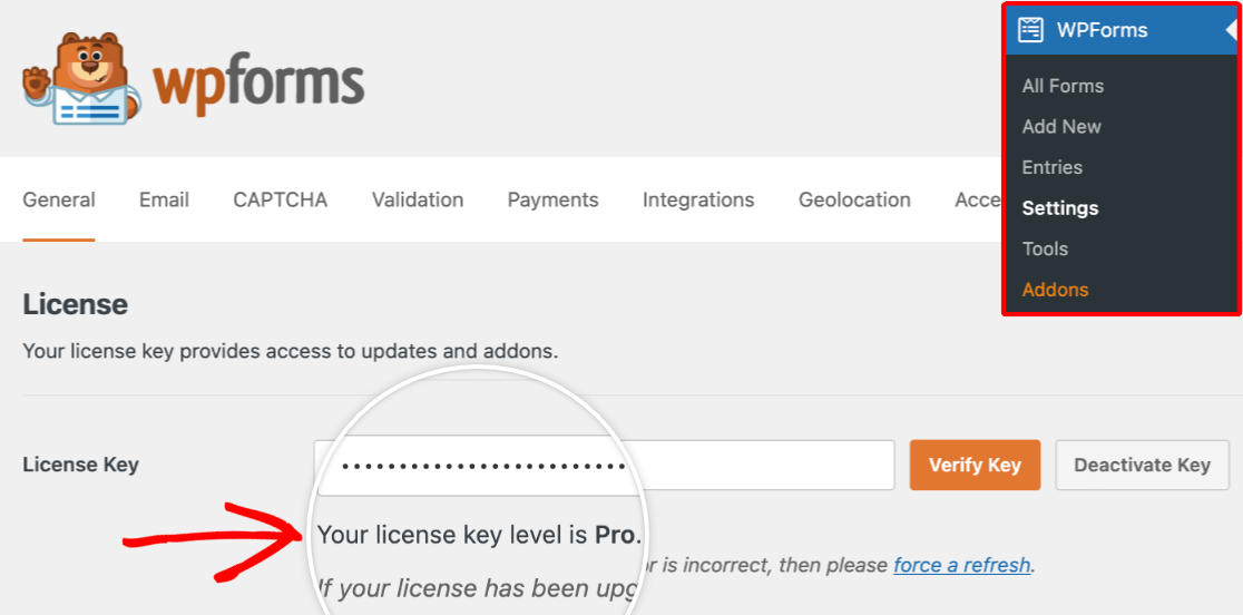 Viewing your WPForms license type in the WordPress admin area