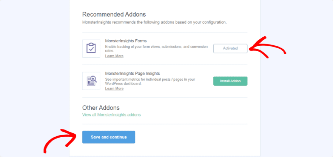 activate monsterinsights form addon