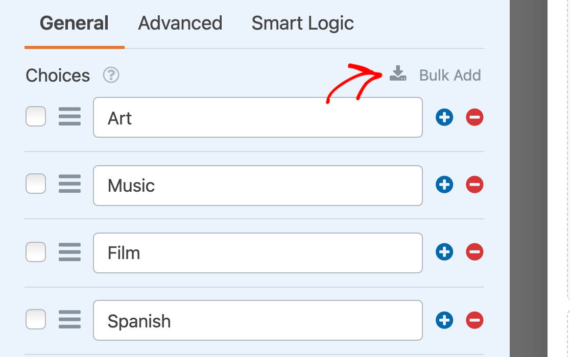 Opening the Bulk Add option for a Checkboxes field