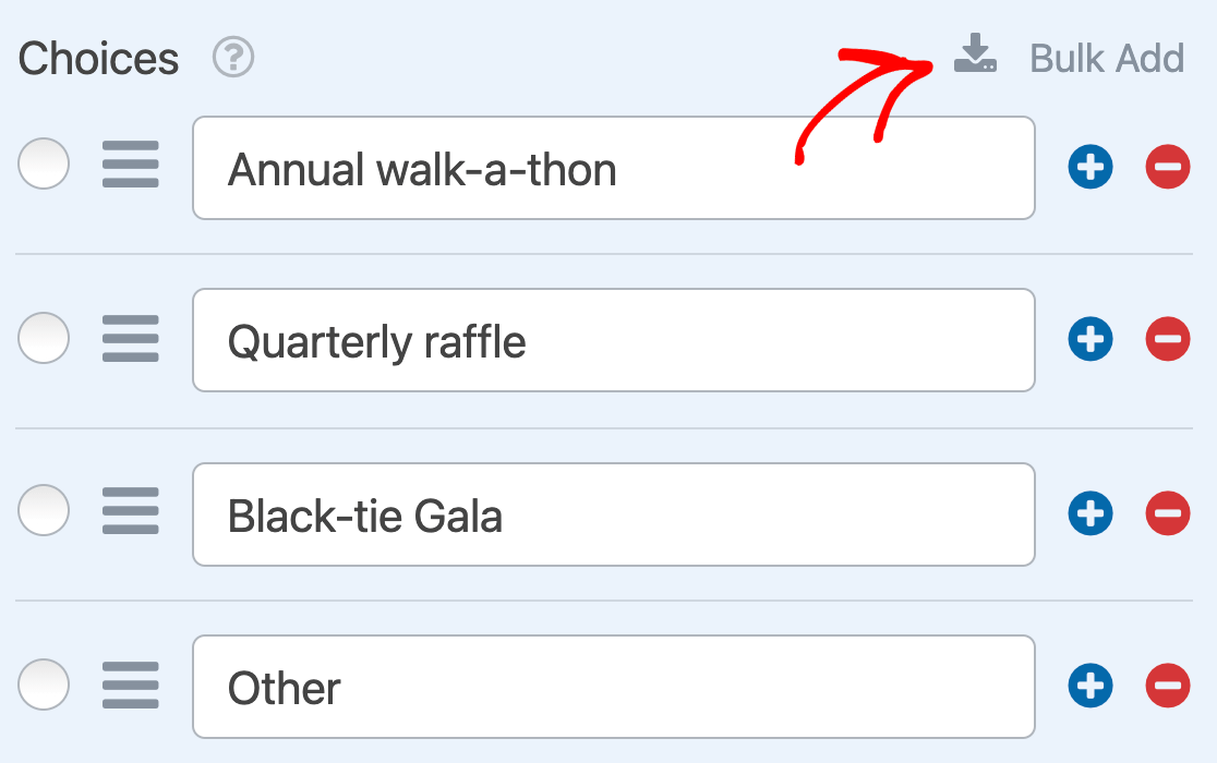 Opening the Bulk Add option for a Multiple Choice field