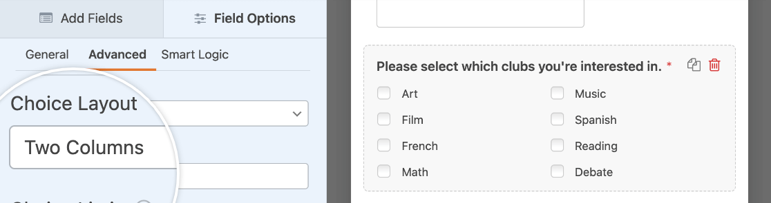 Selecting a two-column Checkboxes choices layout