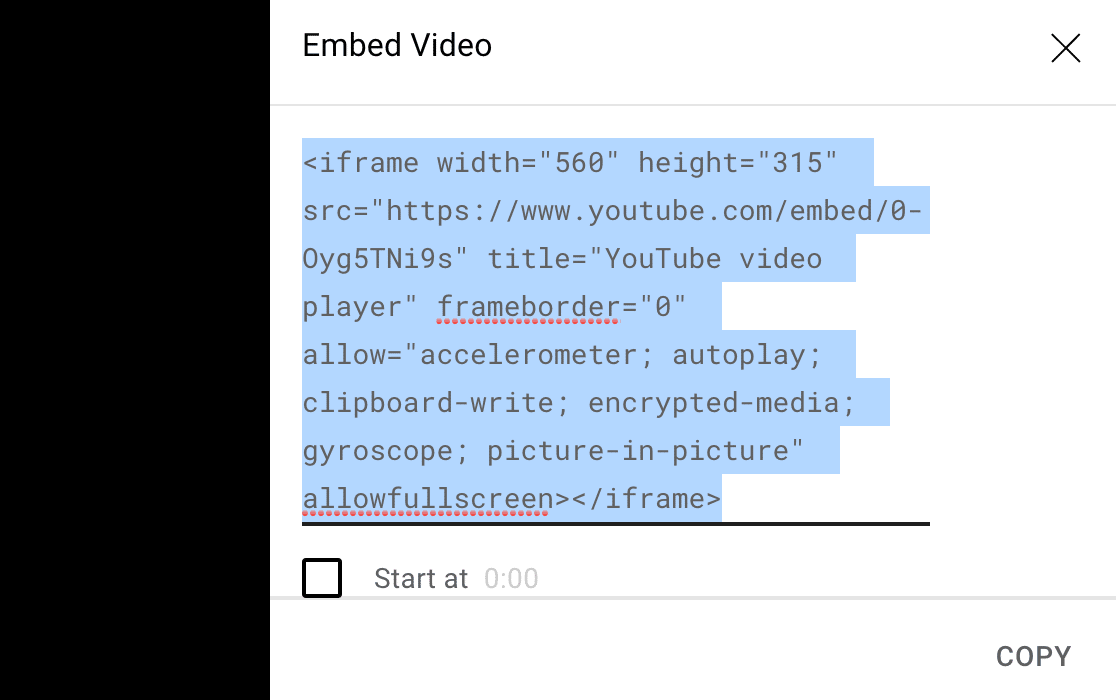 Copying the embed code for a YoutTube video