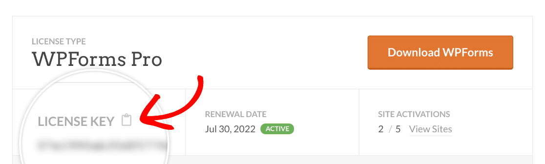 Copying a WPForms license key