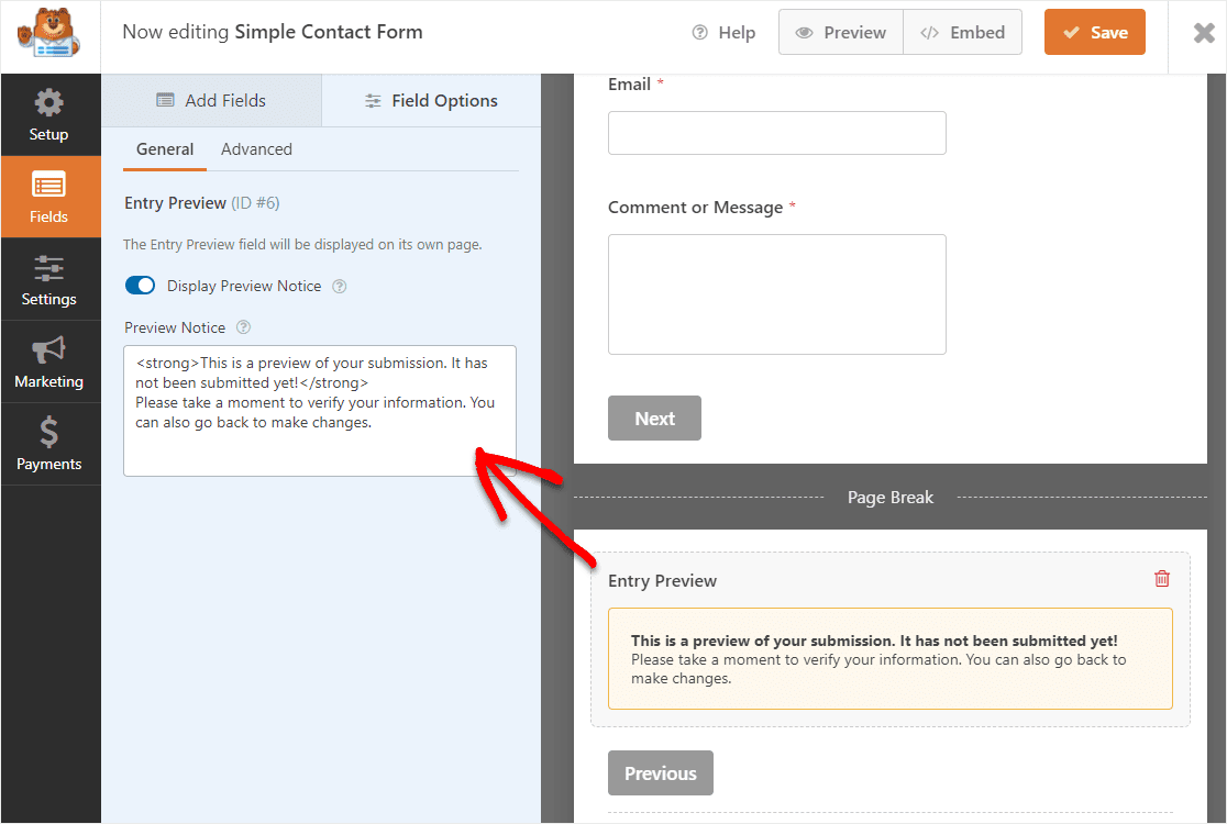 customize entry preview button text