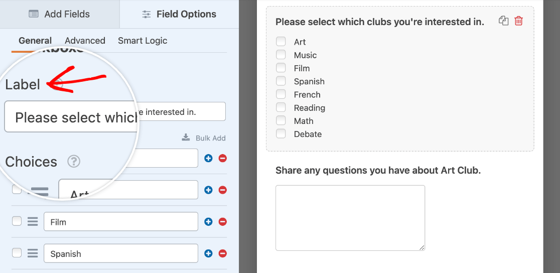 Editing the Checkboxes field label