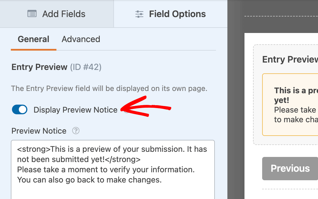 Enabling the Entry Preview field notice