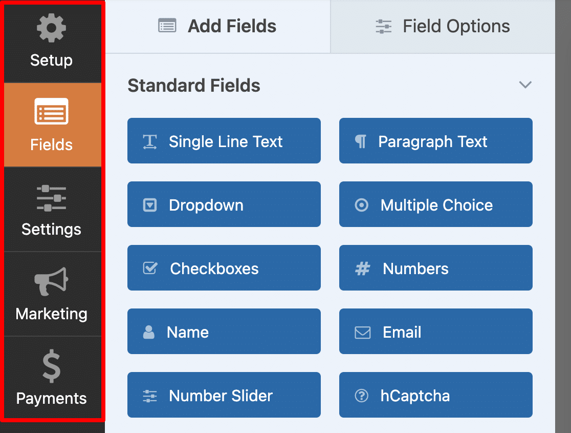 The WPForms form builder tabs