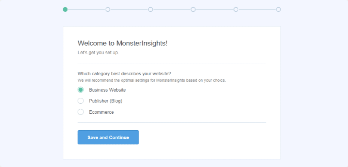 monsterinsights wizard setup step 1