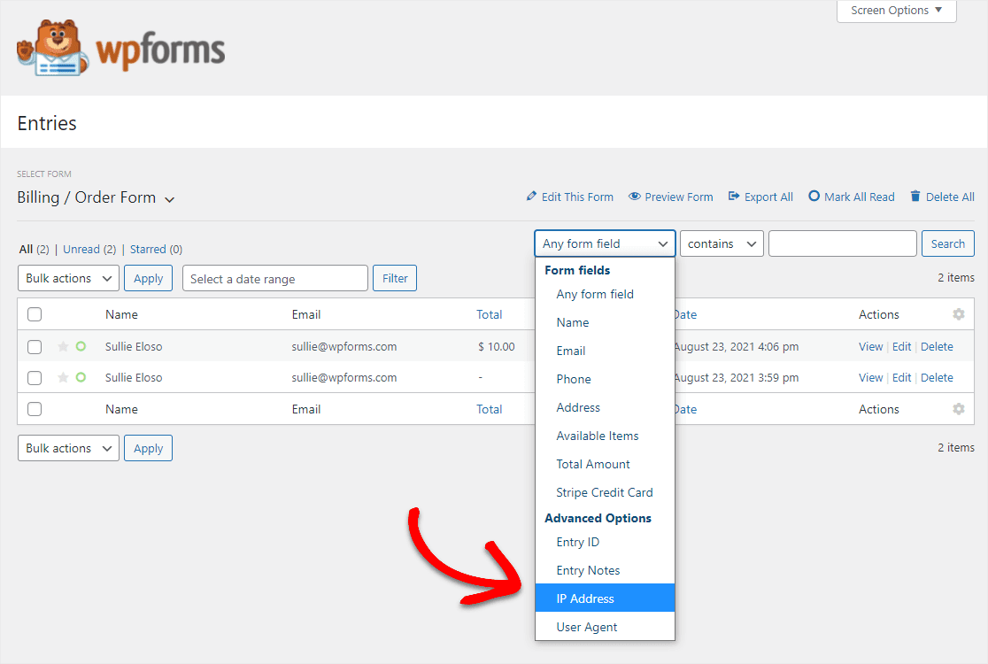 new entry fields to search