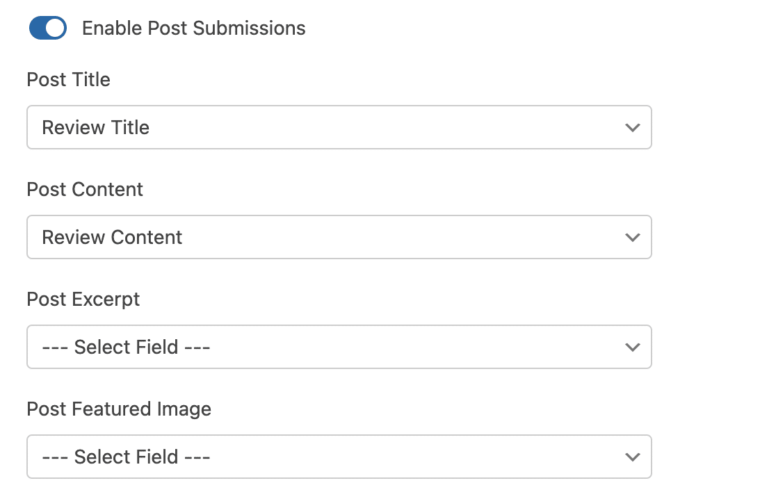 Mapping the post fields for a user review form in the Post Submissions settings