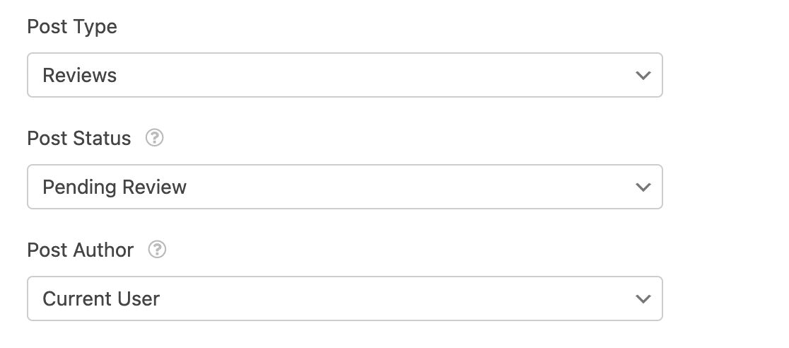 Selecting the post type, status, and author in the Post Submissions settings for a user review form
