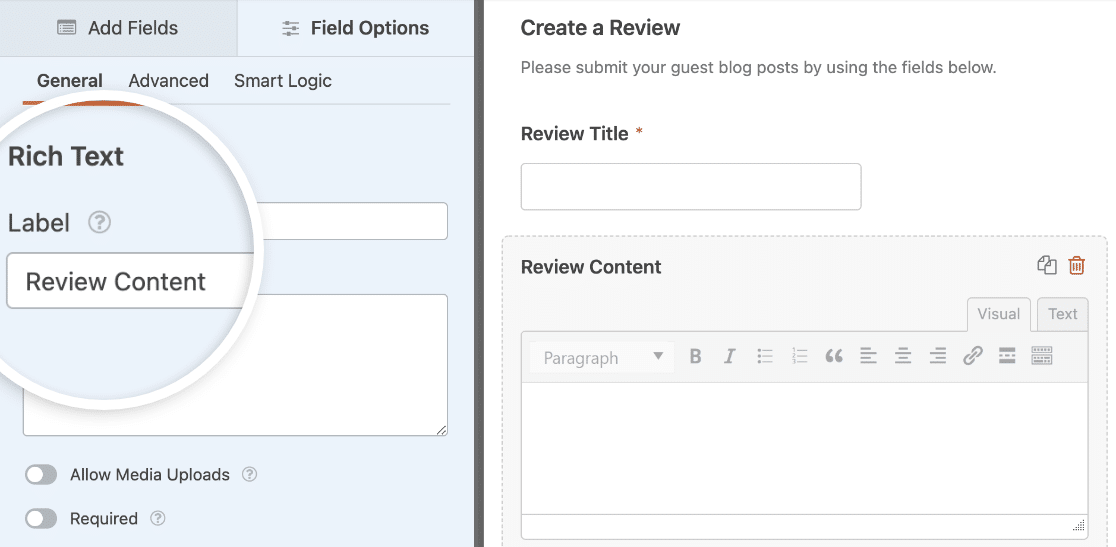 Adding the Rich Text field to a User Review form