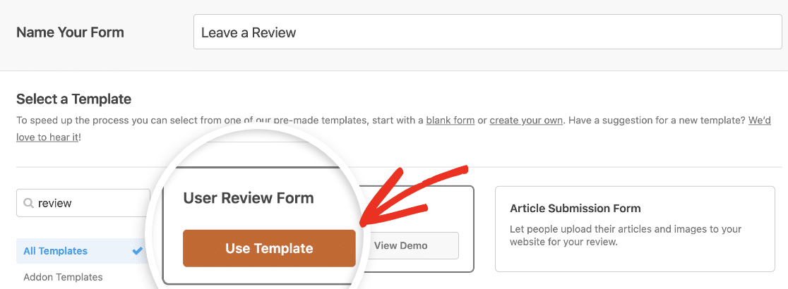 Selecting the User Review Form template