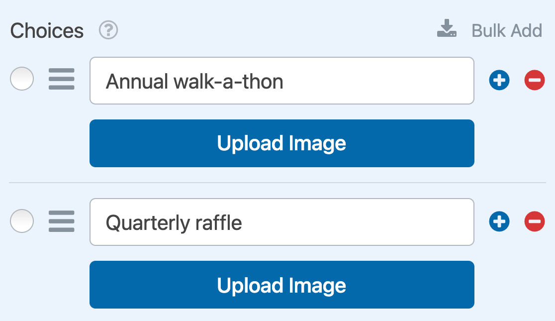 The Upload Image buttons for Multiple Choice image choices