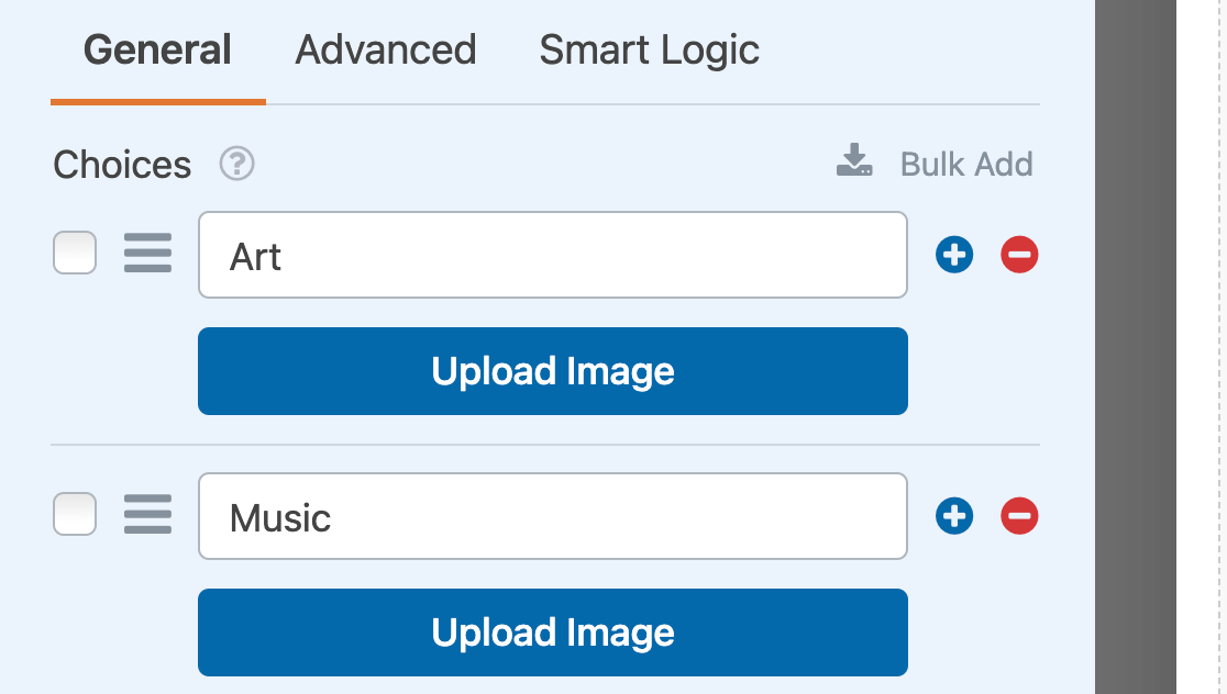 The Upload Image buttons for a Checkboxes image choices 