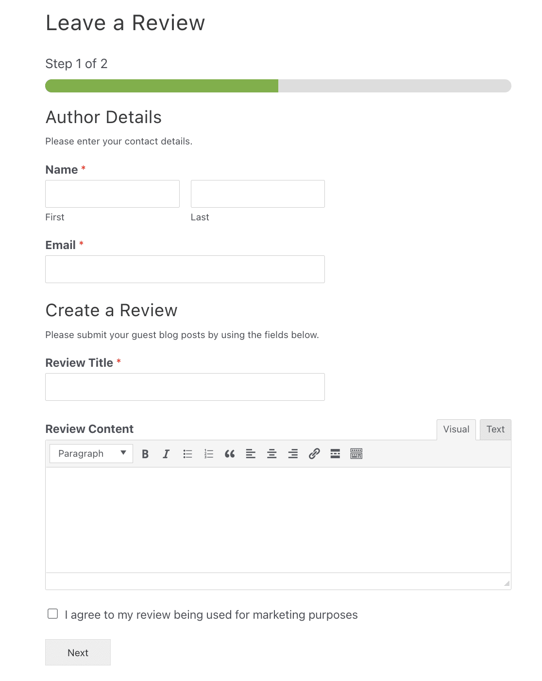 A published user review form