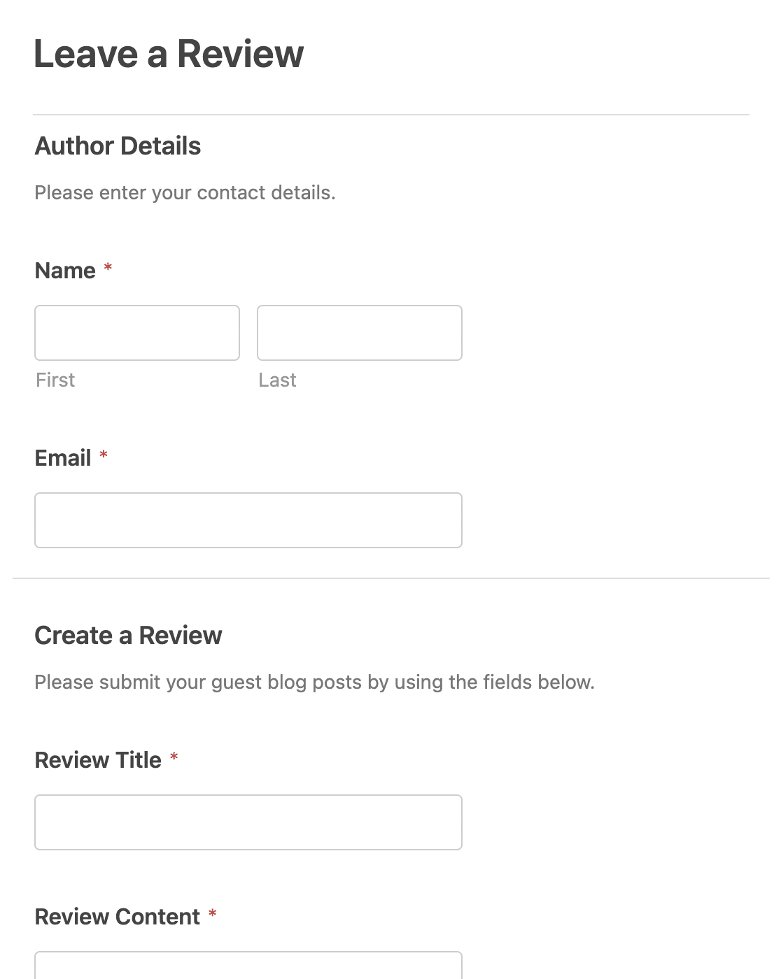 The User Review Form template in the form builder