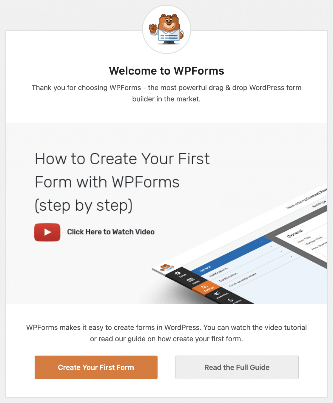 Welcome to WPForms installation message