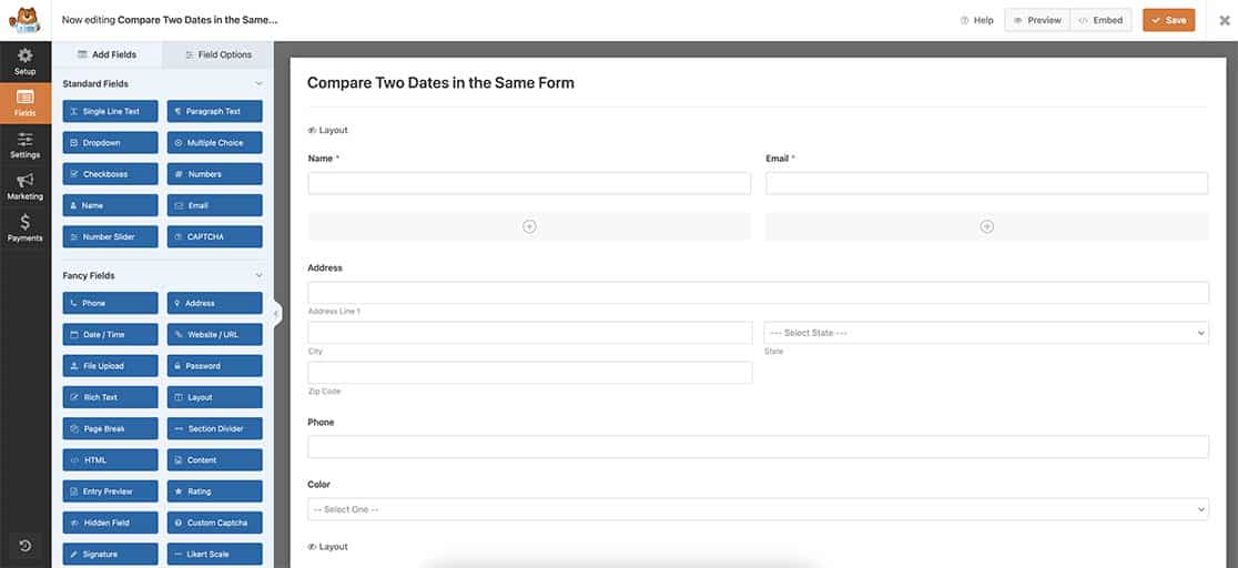 create your form and add your fields including your 2 date fields