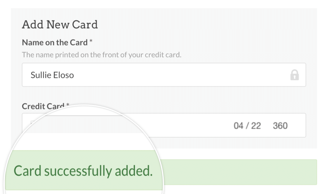 Card successfully added message