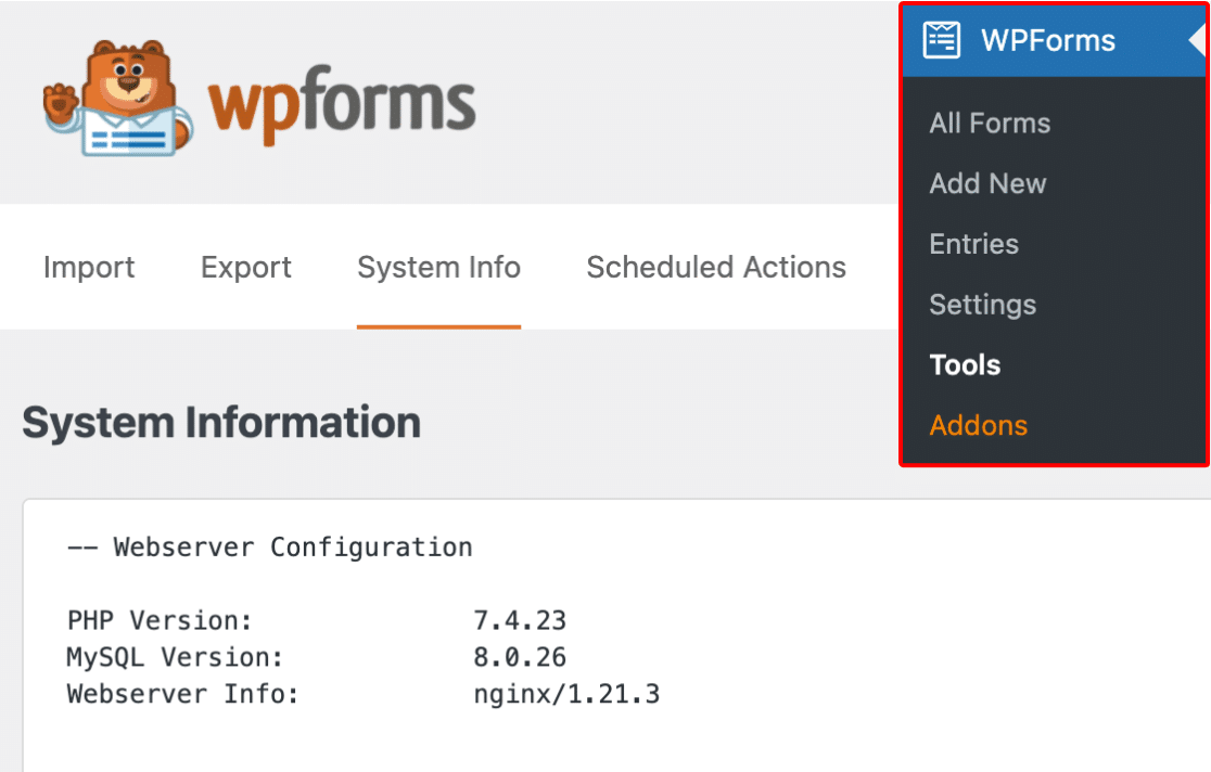 Check server info using WPForms Tools