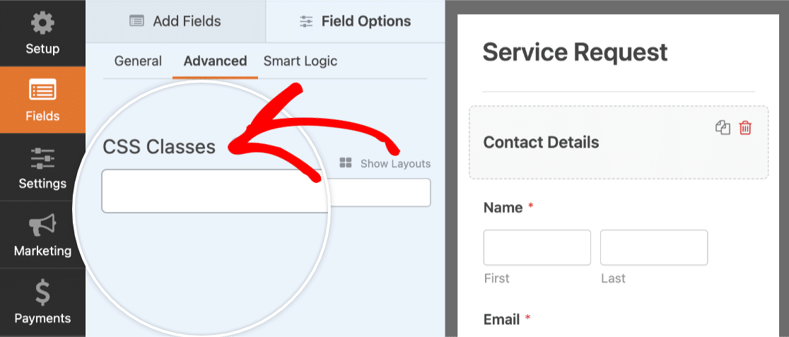 Locate CSS Classes field in the WPForms form builder