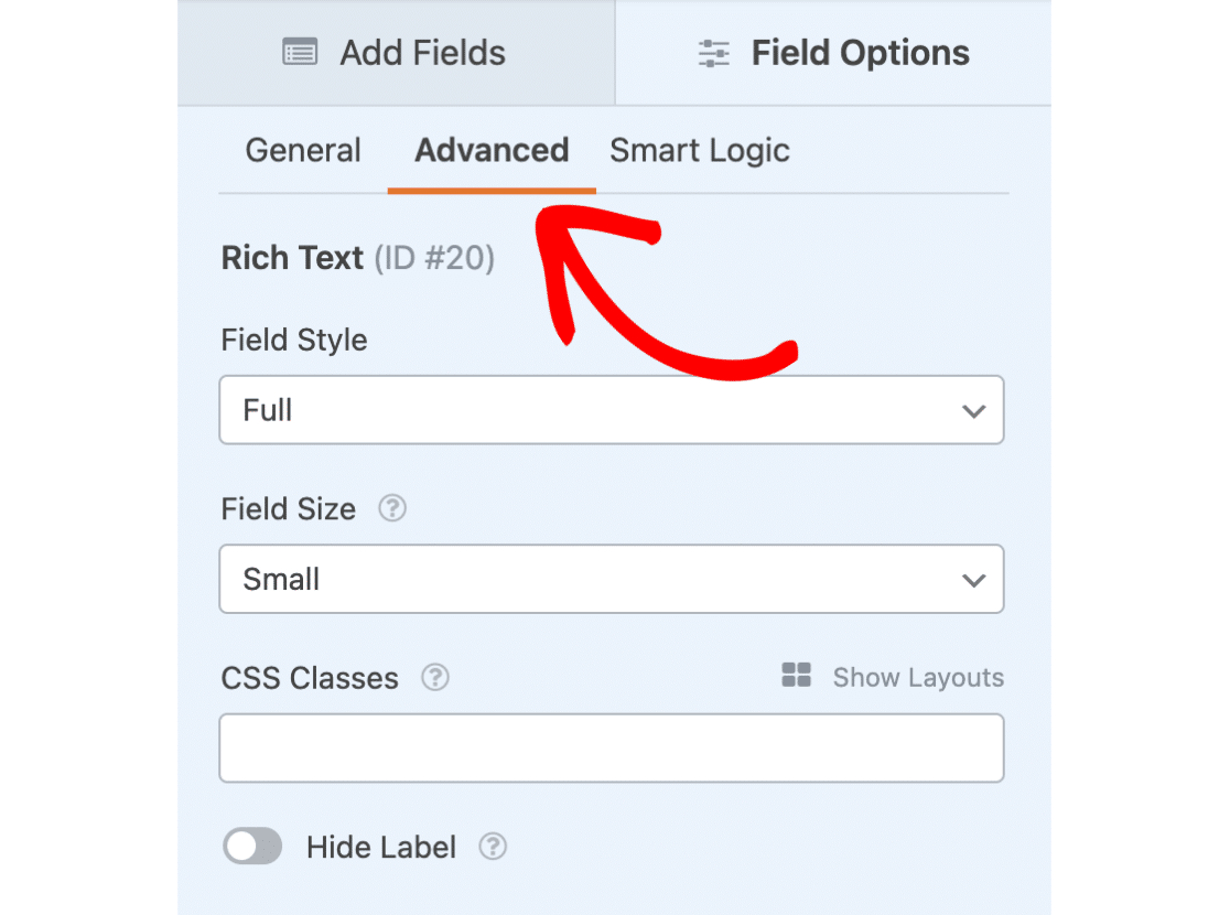 Rich text field advanced options