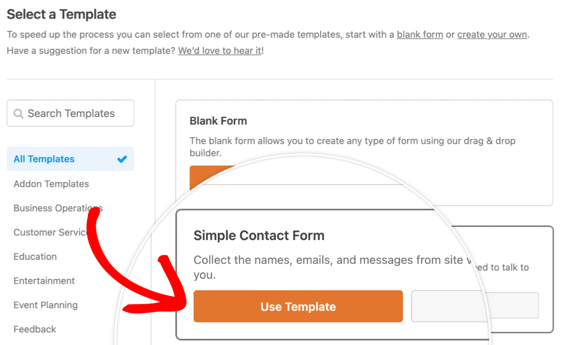 Selecting the Simple Contact Form template