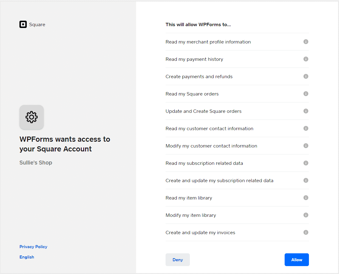 WPForms Access Square Account