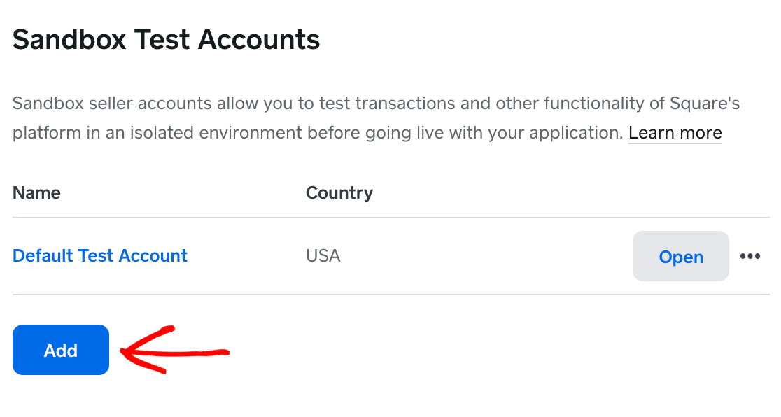Adding a new Sandbox Test Account in Square