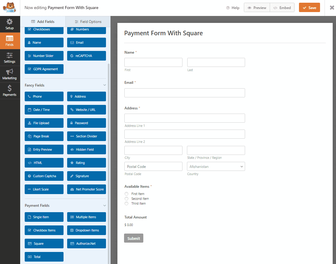 add square field to form and enable payments