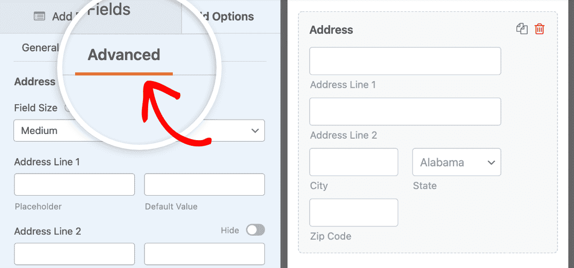 Opening the Advanced options for the Address field
