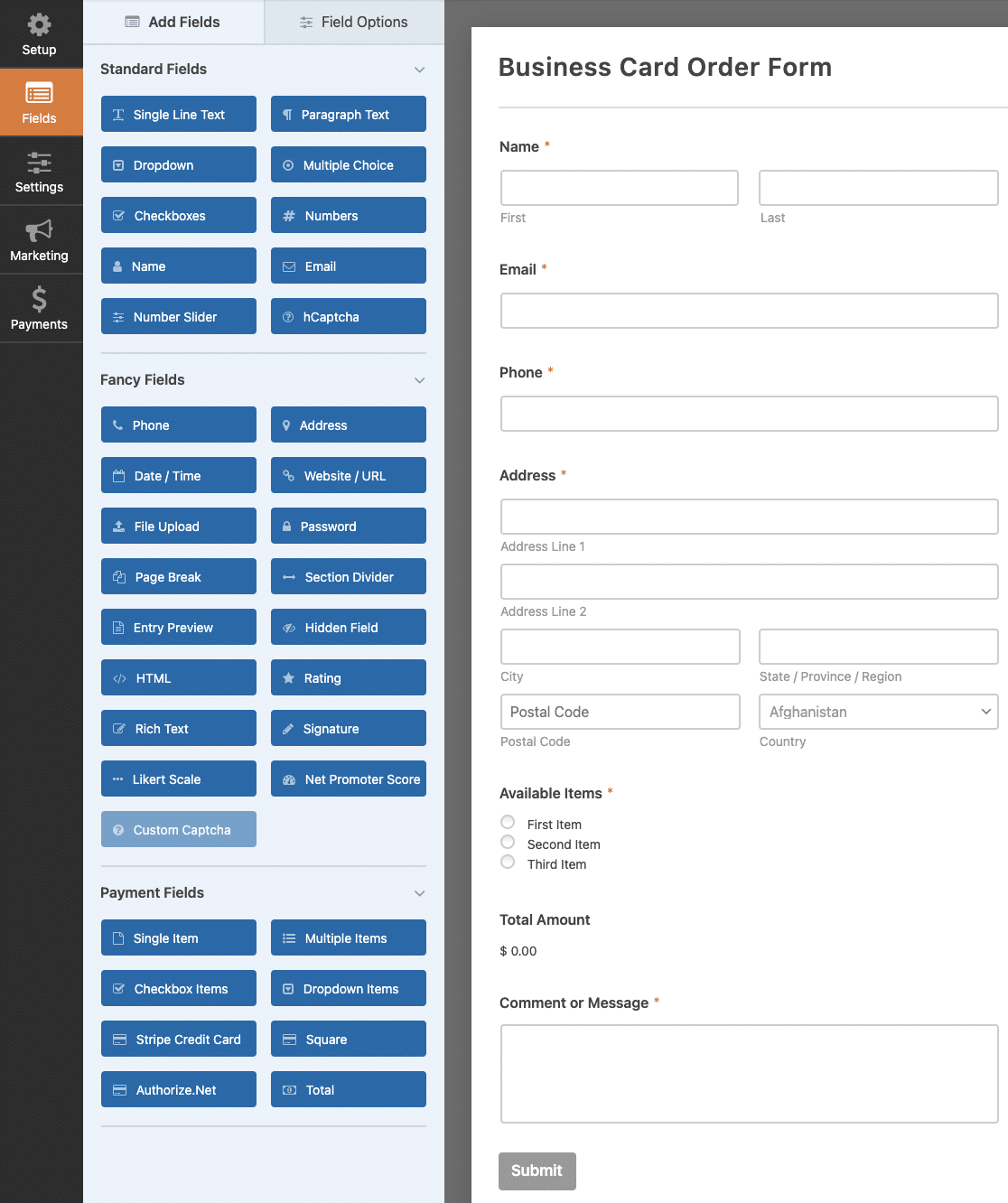 The Billing / Order Form template