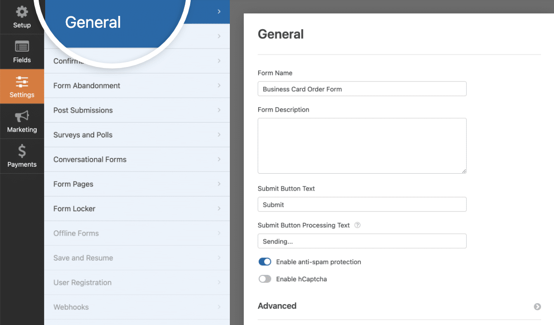 Opening the general settings for a Business Card Order Form