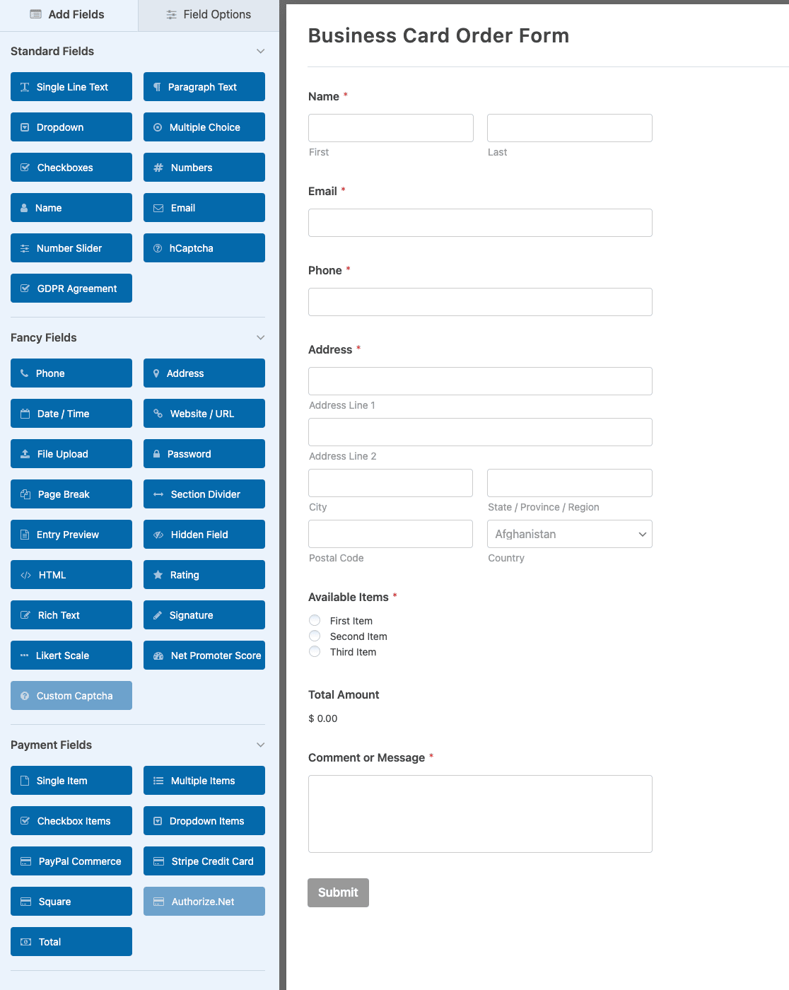 A business card order form in the WPForms form builder