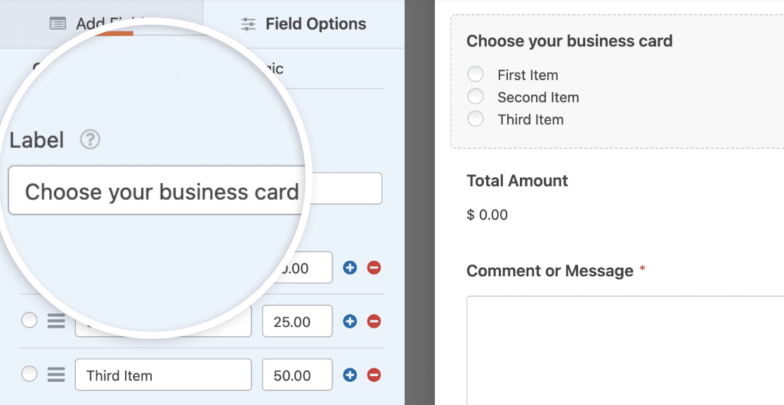 Editing the Multiple Items field label in a Business Card Order Form