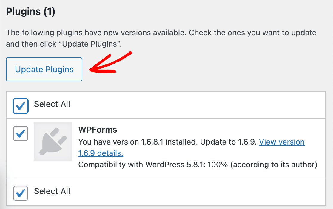 Updating WPForms from the WordPress dashboard