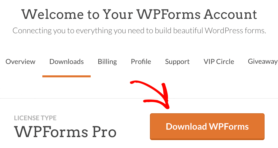 Downloading the WPForms plugin from the account dashboard