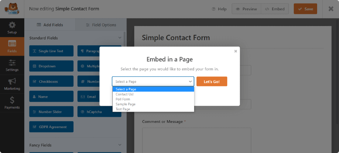 embed wpforms to a existing page