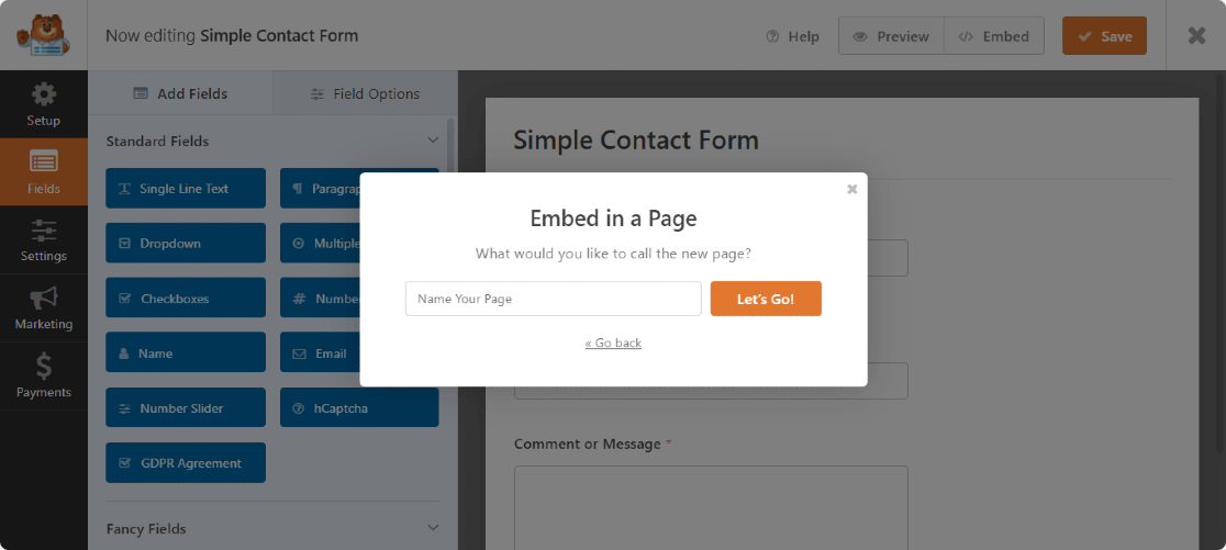 embed wpforms to new page