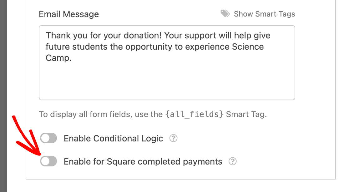 Enabling an email notification for completed Square payments only